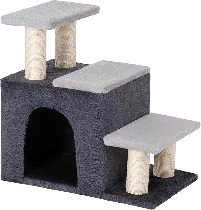 3-in-1 Pet Stairs for Cats, Dog Steps for Small Doggie,7.8'' Depth Cat Stairs,Indoor Cat Ladders for High Bed for Pet's Joints, Soft Plush, 1 Big Cat Condo Cave, Sisal Scratching Posts, Grey, Large