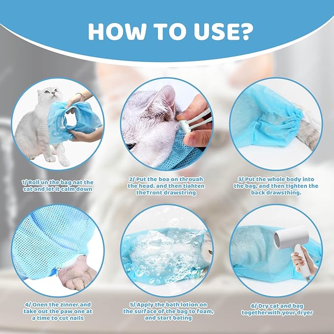 Cat Bathing Bag Anti Scratch and Bite, Cat Shower Bag Soft Mesh Net Bag for Small/Medium/Large Cats Restraint Grooming Nail Trimming Washing - Blue