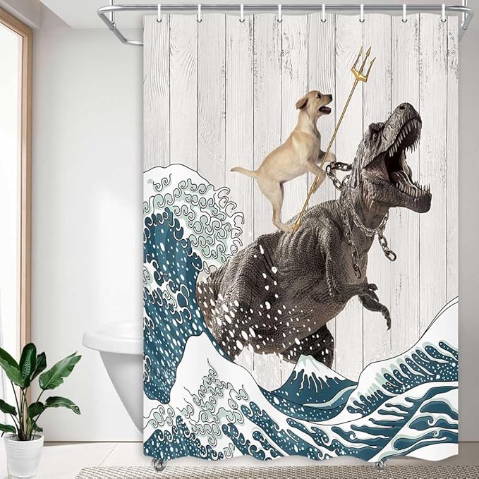 Boziqr Funny Dog Shower Curtain, Japanese Ocean Wave Dinosaur Rustic Barn Door Decor Fabric Bathroom Curtains Set, Cute Animal Kids Polyester Fabric Waterproof, 47 X 64 Inches