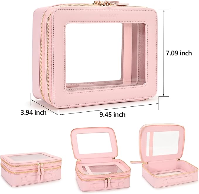 Aveniee Clear Makeup Bags, Double Layer Cosmetic Bags with a Separate Brush Compartment, Travel Toiletry Bag Train Case for Women, Travel Accessories Organizer for Purse(2 Layers Large,Pink)