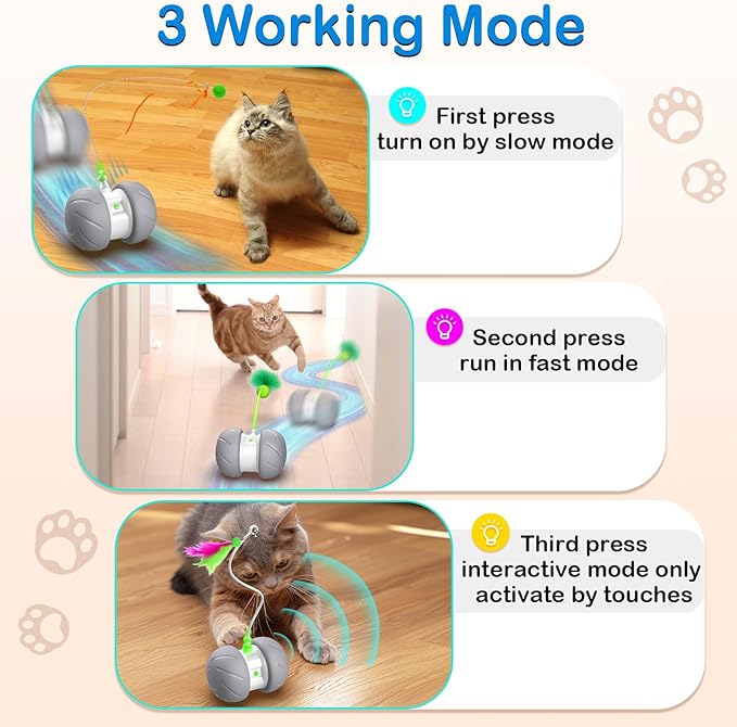 Interactive Cat Toys Fast Rolling Power Ball with Extra Long Feather Wand, Motion Activated Cat Toys