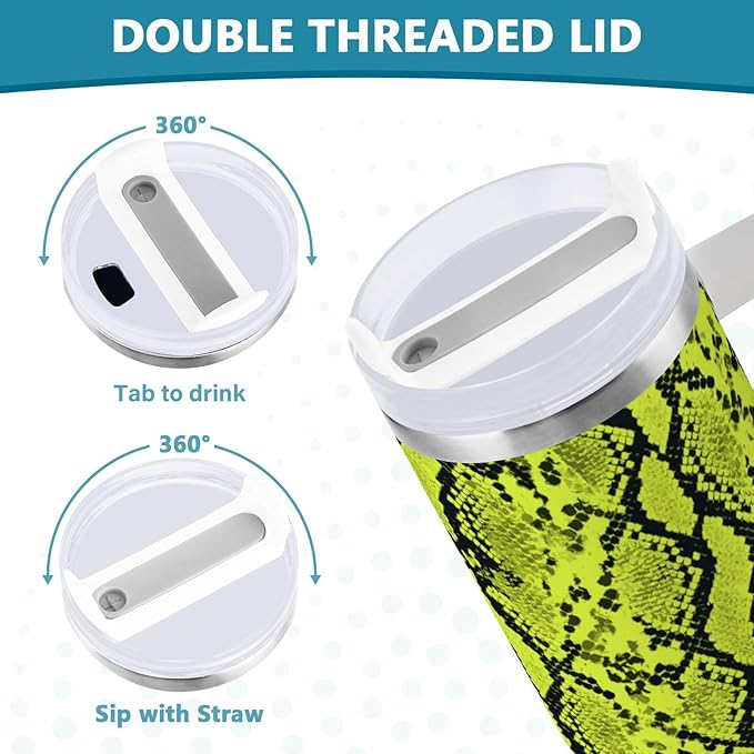 Boccsty Neon Green Snakeskin Insulated Tumblers Reusable Stainless Steel Tumbler 40 oz Cup Coffee Travel Mug Water Bottle with Handle & Flip Straw for Home Office Car