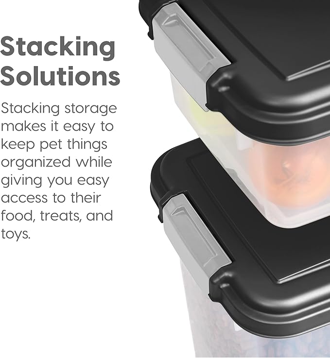 IRIS USA Dog Food Storage Container, 30 lbs & 11 lbs Combo, Cat Food Storage Container, Dog Treat Container, Airtight, Stackable, 2-Cup Scoop, Wheels, Easy Mobility, Black