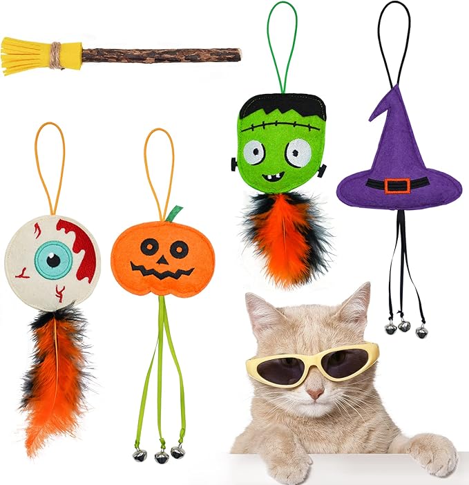 Halloween Cat Toys for Indoor Cats, 4Pcs Catnip Toys with 1 Natural Silvervine Stick, Halloween Interactive Cat Toys with Feather and Bells for Indoor Cats & Kitten & Kitty