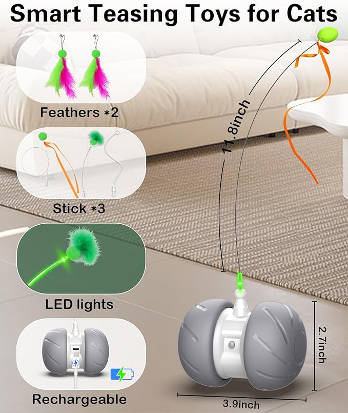 Interactive Cat Toys for Indoor Cats, Motion Activated Cat Toys, Automatic Cat Toy with Extra Long Feather Wand, Cat Mouse Toys,USB Rechargeable (Gray)