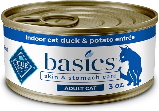 Blue Buffalo Basics Grain-Free Wet Cat Food, Skin & Stomach Care, Limited Ingredient Diet for Indoor Cats, Duck & Potato Entrée, 3-oz Cans (24 Count)