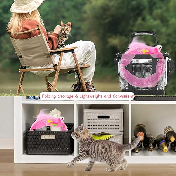 Cat Tunnel, 1PCS Folded Cat Tunnel Toy, Pink Mice Tube Cat Springs for Indoor with Feather, Mouse Toys Interactive Cat Toy Tunnel Self-Happy Cat Toys, S-Type Collapsible Tent