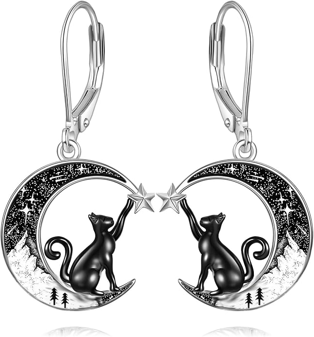 Black Cat/Bat/Spider/Pumpkin/Wolf/Bunny/Sun and Moon/Turtle/Raven 925 Sterling Silver Leverback Dangle Earrings Moon Gothic Christmas Earrings Jewelry Gift for Women