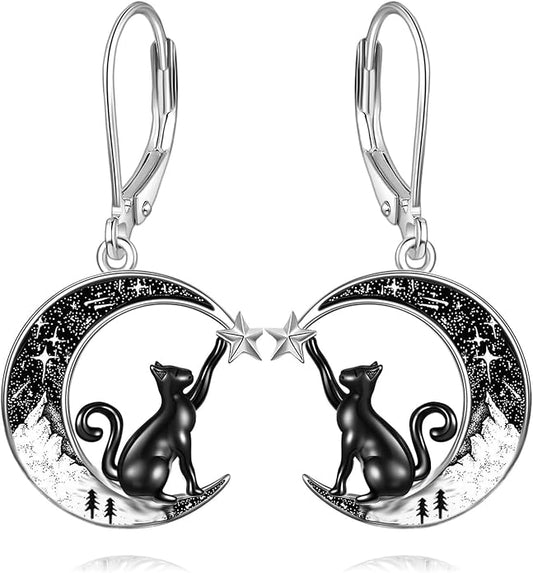 Black Cat/Bat/Spider/Pumpkin/Wolf/Bunny/Sun and Moon/Turtle/Raven 925 Sterling Silver Leverback Dangle Earrings Moon Gothic Christmas Earrings Jewelry Gift for Women