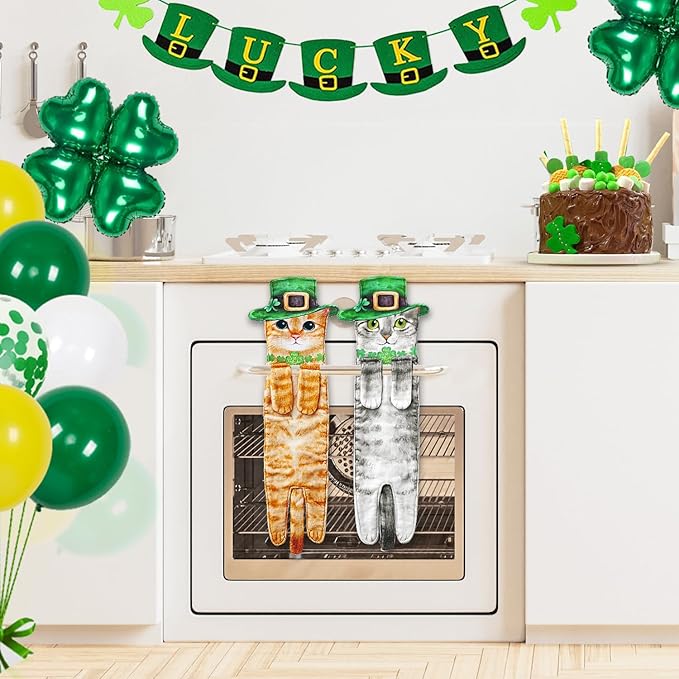 Funny St Patricks Day Cat Hand Towels for Bathroom Kitchen - Cute Green Shamrock Decorative Cat Decor Hanging Towels Super Absorbent Soft - Housewarming Birthday Gift for Women Cat Lovers - Grey