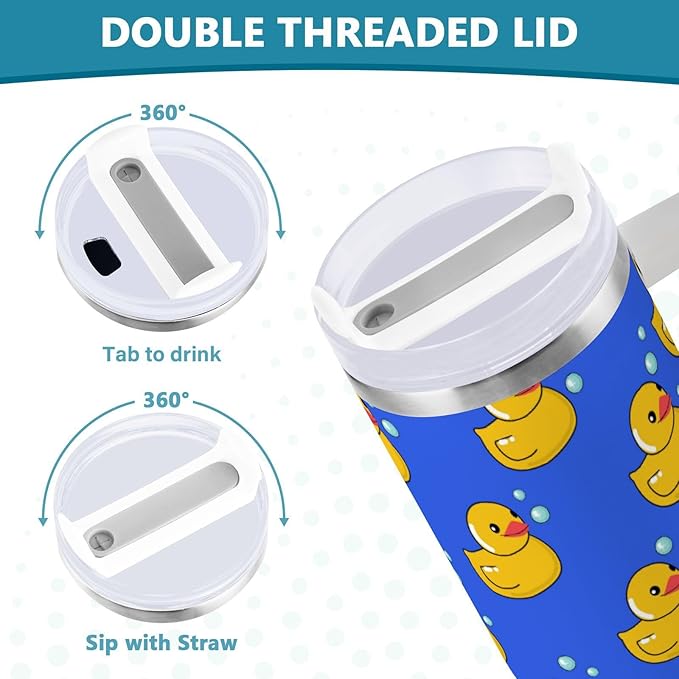 Boccsty Rubber Yellow Duck Blue Insulated Tumblers Reusable Stainless Steel Tumbler 30 oz Cup Coffee Travel Mug Water Bottle with Handle & Flip Straw for Home Office Car