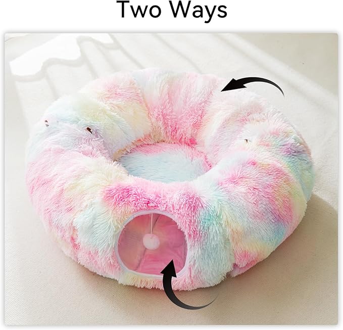 HIPIPET Winter Plush Cat Tunnel with Cat Bed for Indoor Cats,Multifunctional Cat Toys for Small Medium Large Cat. (Rainbow)