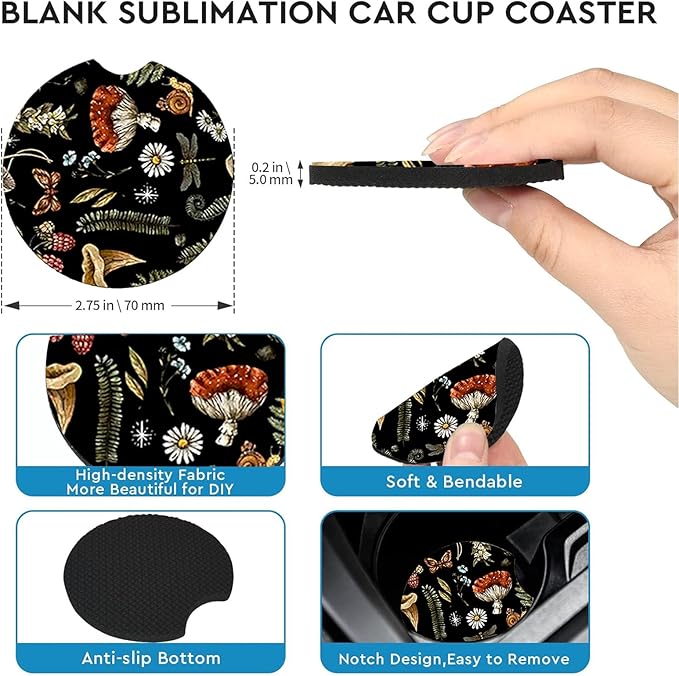 Car Coasters for Cup Holders,2 Pack Mushroom Car Coasters,2.75" Universal Size Anti Slip Rubber Mat,Automotive Cup Holder Decal Decor Accessories,Mushroom Gifts for Women,Men,Mom