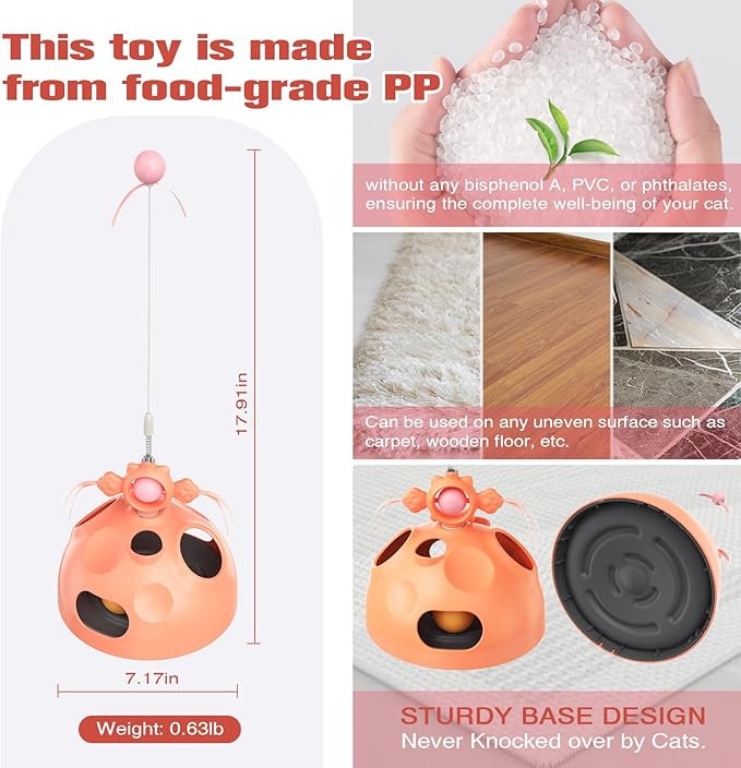 Zaabaaziba Interactive Cat Toys Multifunctional, Track Balls, Kitten Toy for Indoor, High-Elasticity Cat Teaser Wand, Multi-Cat Households, All Cat Breeds, Slow Feeder Toy Pink