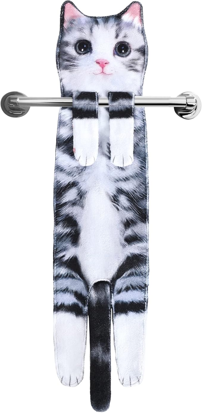 Cat Funny Hand Towels for Bathroom Kitchen- Cute Decorative Kitten Decor Hanging Face Towels- Unique Housewarming Valentines Mothers Birthday Gifts for Women Mom Cat Lovers