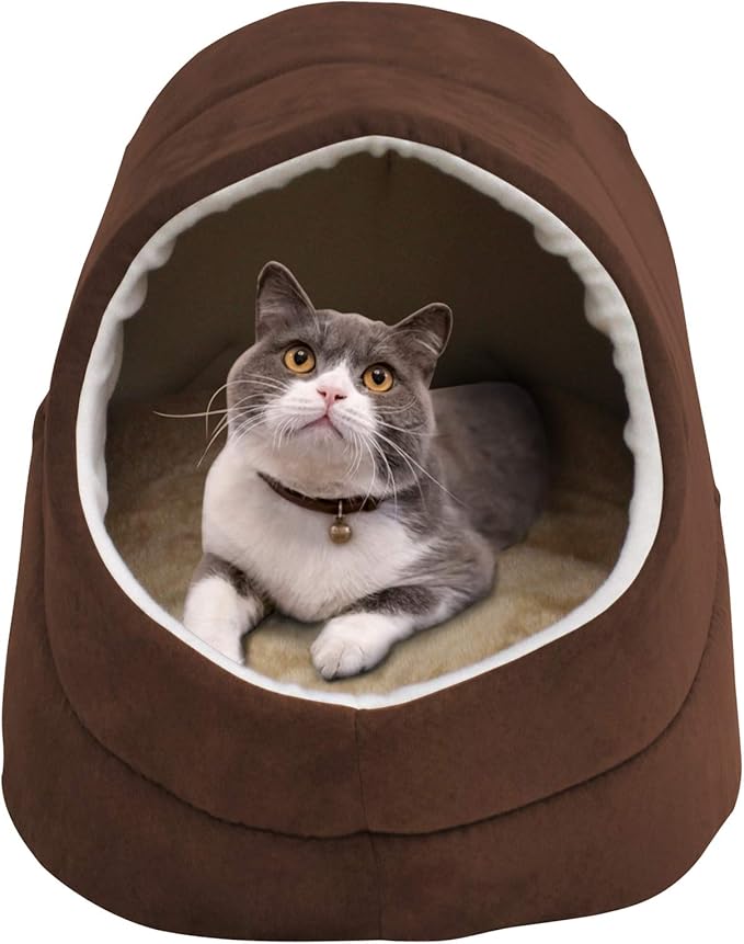 GOOPAWS Cat Cave for Cat and Warming Burrow Cat Bed, Pet Hideway Sleeping Cuddle Cave (Brown-2)
