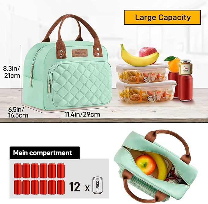 Buringer HOMESPON Lunch Bag for Woman Man Adults with Front Pocket Insulated Lunch Tote Lunch Box Container for Work Picnic or Travel（Green）