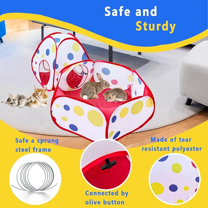 Small Animals Playpen, Rabbit Cage Tent with Cat Tunnel Portable Indoor Outdoor Exercise Playground for Cat Kitten Rabbit Hamster Guinea Pig Bunny Ferret Chinchilla Brooder Box Cage Tent
