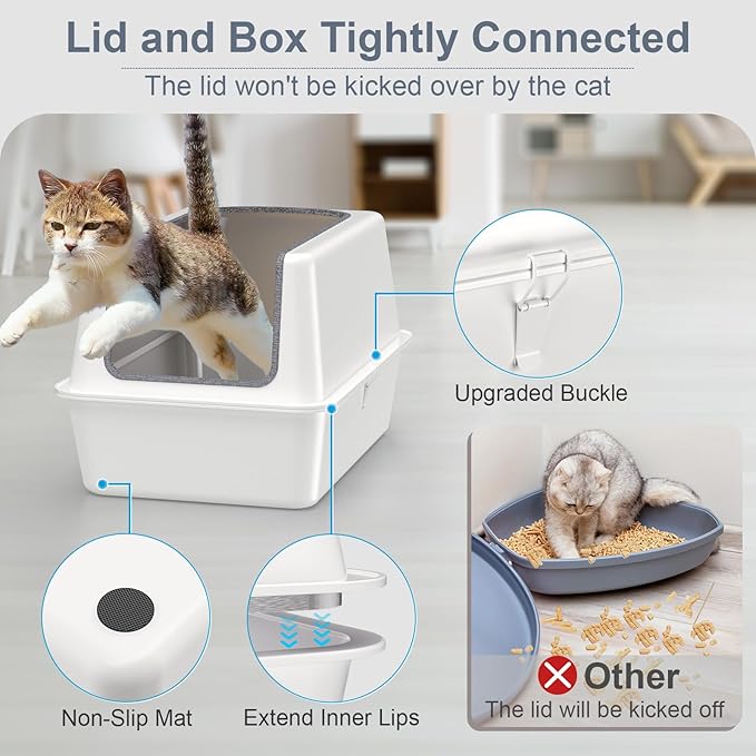 All Stainless Steel Teflon Coated Cat Litter Box with Lid,Extra Large Enclosed Litter Box with High Sides Cover,XL Metal Litter Boxes for Big&Multiple Kitty,Anti Leakage,Easy Cleaning,Metal Scoop