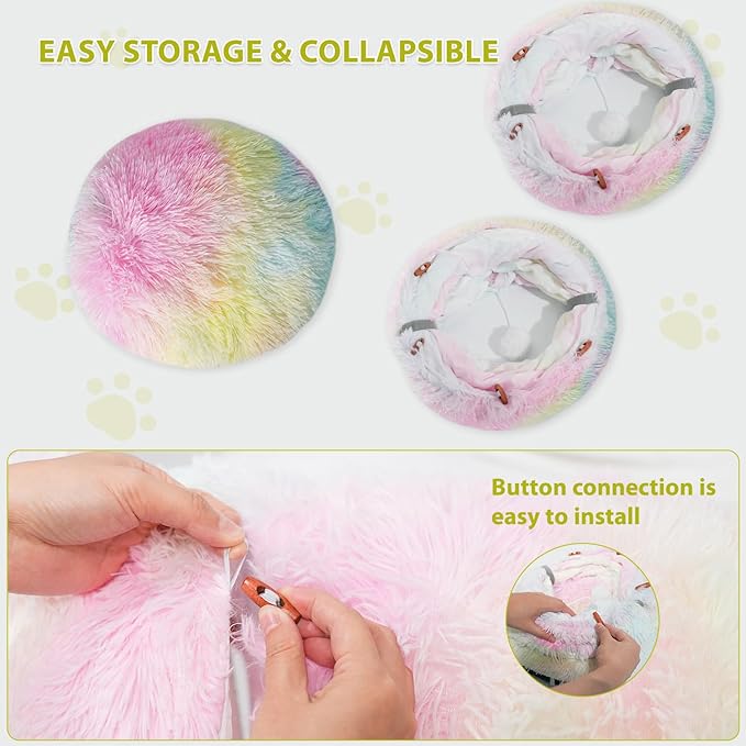 KOMUSMO Cat Tunnel Bed with Central Mat and Hanging Ball Toy, Multifunctional Large Cat Bed Cave Donut for Indoor Cats, Soft Plush Fluffy Collapsible Peekaboo Cave for Small Medium Large Cats Kittens