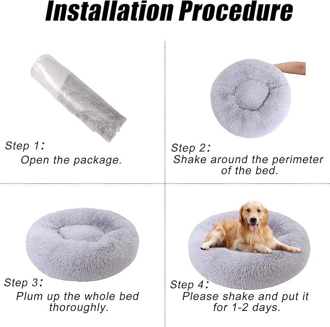 Calming Dog Bed, Dog Beds Fits up to 80 lbs Pets, Fluffy Donut Dog & Cat Bed Washable, Round Anti Anxiety Dog Bed, Small Dog Bed with Non-Slip Bottom (Light Grey, 36" x 36")