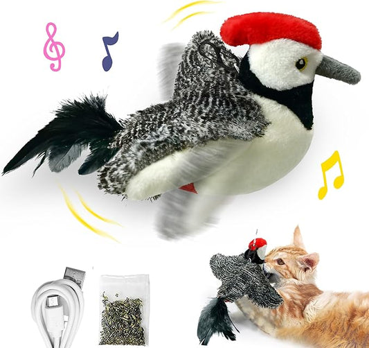 LEWISER Woodpecker Cat Toys, Rechargeable Simulation Bird Cat Toy, Flapping Wings and Lively Chirping, Interactive Catnip Toys for Kitten Kitty Exercise, Touch Activated