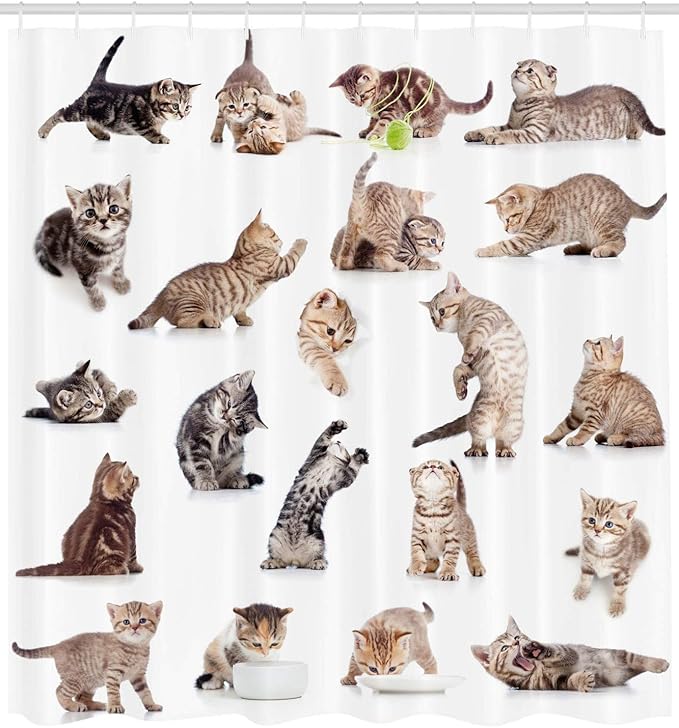 Ambesonne Cat Shower Curtain, Illustration of Funny Playful Cats on Plain Background Animals Kitten Pattern, Cloth Fabric Bathroom Decor Set with Hooks, 69" W x 70" L, Brown Black