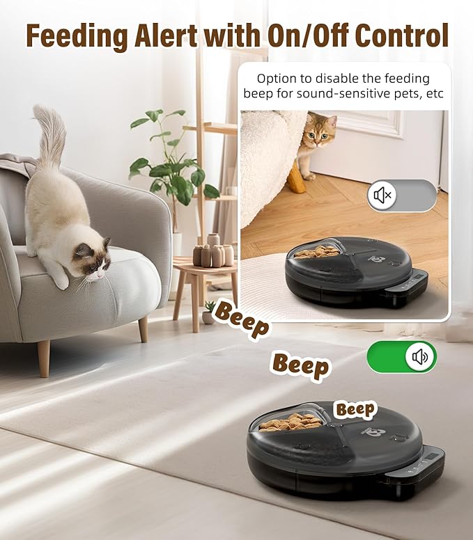 Casfuy Battery-Operated Automatic Cat Feeder - Whisker Friendly Automatic Cat Food Dispenser for Wet Dry Food Cordless 4-Meal Auto Feeder for Cats Small Dogs with Programmable 12H/24H Format Timer