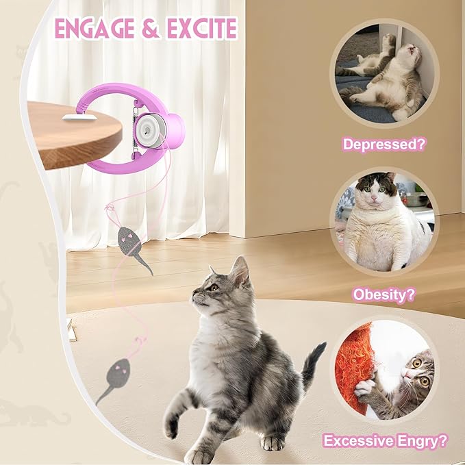 Cat Toy Interactive for Indoor Cats, Smart USB Rechargeable Door Hanging Automatic Retractable Kitten Toys, Teaser Electronic Self Play Feather Cat String Toys Attached with 3 Catnip Mice Pink