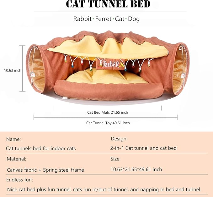Cat Tunnel Bed, 2-in-1 Cat Tunnel for Indoor Cats Collapsible Cat Tunnel Tubes Toys with Removable Mat for Pet Cats Kittens Puppies Rabbits Bunnies Ferrets (Bar)
