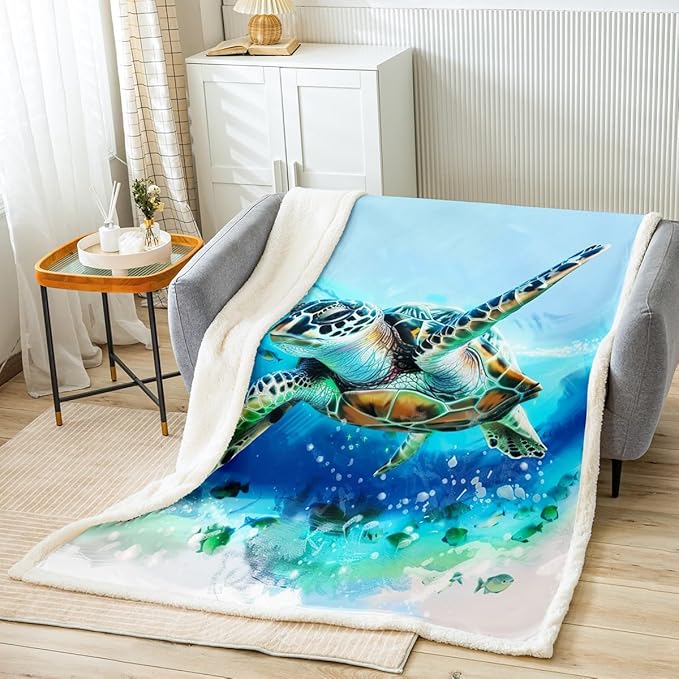 Turtle Throw Blanket Kids 3D Turtles Teal Sea Sherpa Blanket Soft Fleece Blanket Ultra Soft Ocean Marine Tortoise Blue Sea Animals Blanket Gifts for Turtle Lovers Couch Bed Chair Sofa Twin 60"x80"