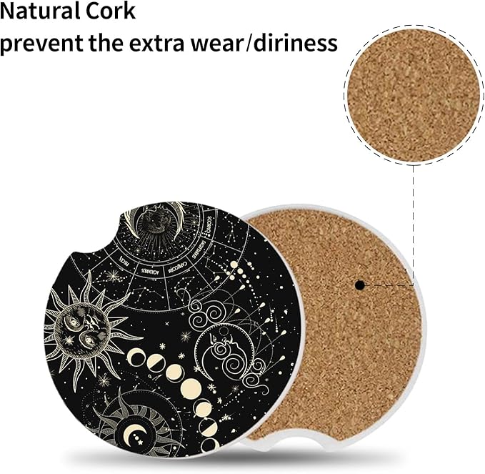 Absorbent Car Coasters 2 Pack for Cup Holders, 2.56" Ceramic Stone & Non-Scratch Cork Base Drink Coasters(Moon and Sun)