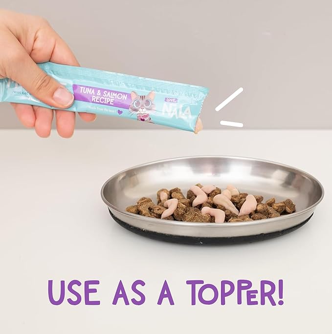 LOVE, NALA - Natural Lickable Cat Squeeze Up Treat,Topper - Tuna & Salmon Mousse - Wet Food Cat Puree - Grain Free, Fiber Blend, Minerals, Vitamins - 4 Pack 2 oz.