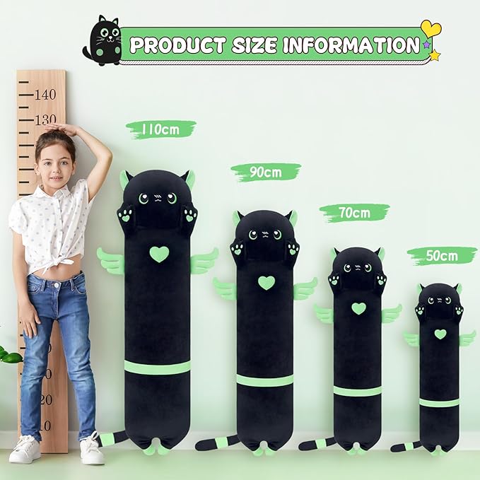 Giant Green Cat Pillow - Plush Long Body Kitten Pillow, Cute Stuffed Animal for Kids & Girlfriends (50cm/19.6inch)