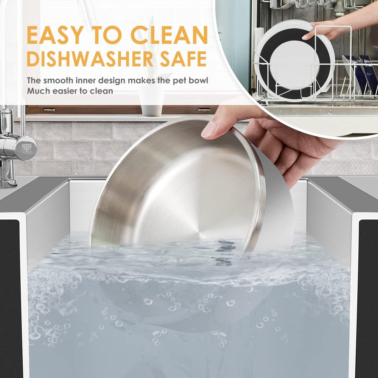 IKITCHEN Dog Bowl for Food and Water, 40 Oz Stainless Steel Pet Feeding Bowl, Durable Non-Skid Double Wall Insulated Heavy Duty with Rubber Bottom for Medium Large Dogs (40 Ounces/5 Cup, White)