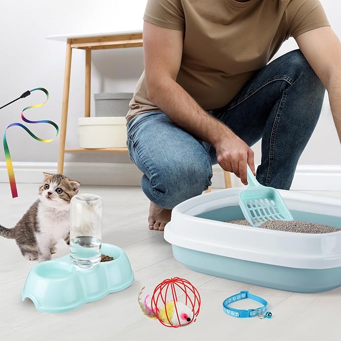 7 Pcs Small Cat Kitten Starter Kit Cat Litter Box with Shovel Cat Paw Litter Mat Double Automatic Cat Bowls Cat Toy Teaser Stick Cat Collar Essentials Kits for 1-3 Lbs Beginner (Fresh Blue,Stylish)
