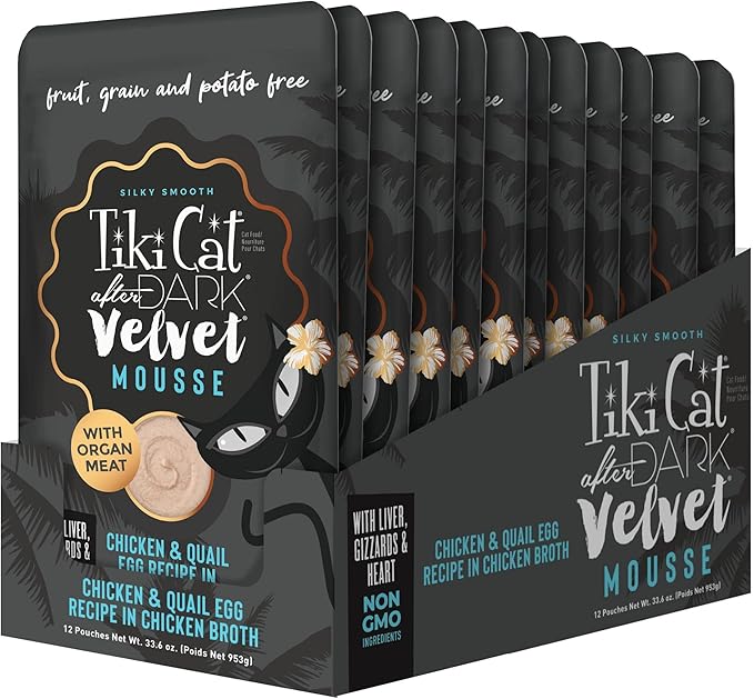 Tiki Cat After Dark, Velvet Mousse, Chicken & Quail Egg Recipe in Chicken Broth, Grain & Potato Free Formula, with High Protein & Nutrient Dense Blended Organ Meat, 2.8 oz. Pouch (Pack of 12)