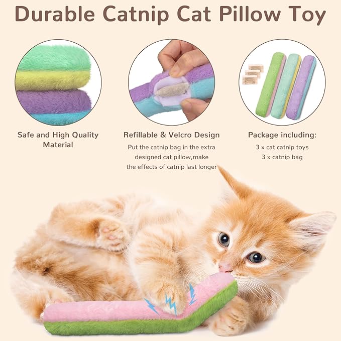 Retro Shaw Cat Toys Cat Pillows,Refillable Catnip Toys,3 Pack Crinkle Sound Cat Kicker Toy for Indoor Cats,Interactive Cat Nip Toys for Cats Kittens Kitty 10.1 Inches