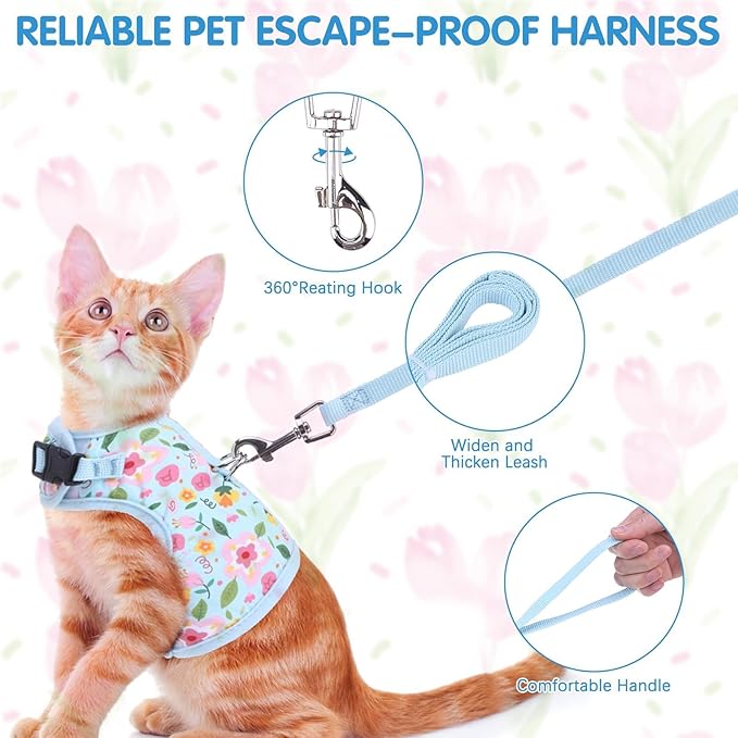BINGPET Cat Harness and Leash Set Escape Proof for Walking,Step-in Harness with Lightweight Soft Breathable Mesh,Adjustable Easy Control Harness for Kitten Puppy Small Medium Large Cats(Flower,L)