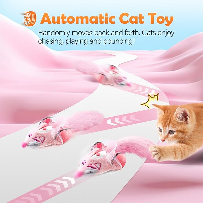 Migipaws Automatic Cat Toys, Plush Cat Mouse Toy, Interactive Toy for Indoor Cats, Smart Moving Kitten Toy, Rechargeable (Pink)