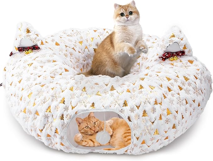 Cat Tunnel Bed for Indoor Cats, 3-in-1 Christmas Cat Donut Tunnel with Washable Cushion, Cat Tube Cave Toys Comes with Two Spherical Cat Fun Balls, for Kitten/Puppy/Rabbit, White