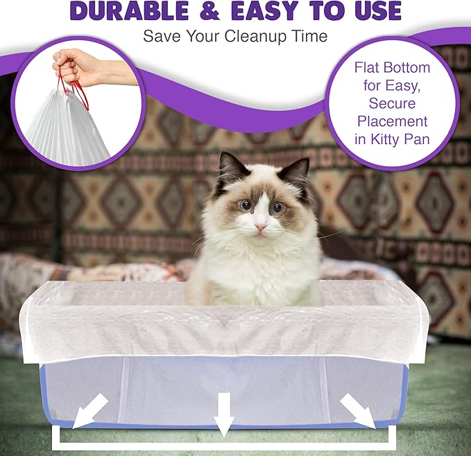 Alfapet Flat Bottom Cat Litter Box Liners, Pack of 20 - Super Heavy Duty Kitty Litter Bags with Drawstring for Poop and Liquid Waste - Jumbo Design for Extra Large Cat Pans