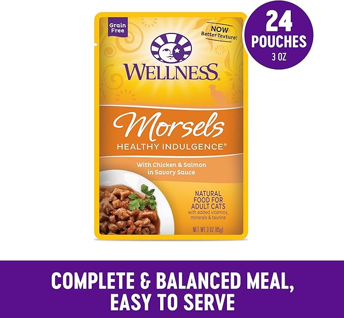 Wellness Healthy Indulgence Morsels Grain-Free Wet Cat Food, Made with Natural Ingredients, Quality Proteins, Complete and Balanced Meal, 3 oz Pouches (Chicken & Salmon, 24 Pack)
