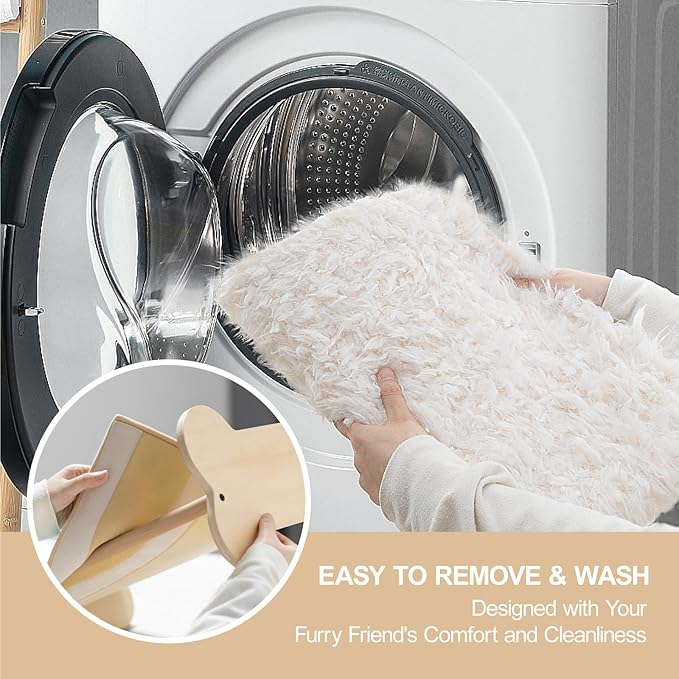 MEWOOFUN Cute Cat Beds for Indoor Cats, 20 X 17.7 in Elevated Cat Bed & Furniture, Wooden Cat Hammock Bed with Pillow, Fluffy Small Cat Bed Washable for Kitty, Plush White