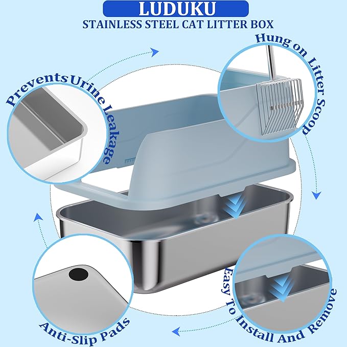 2 Pack Stainless Steel Cat Litter Box with Lid Enclosed Sides Extra Large Matel Litter Box for Big Cats XL Steel Litter Pan for Multiple Cats with Cat Litter Scoop Easy Cleaning