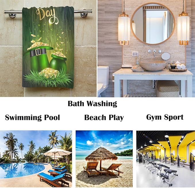 St. Patrick's Day Extra Large Hand Towels Golden Coins Leprechaun Hat Pot Wooden Bath Towel Ultra Soft Highly Absorbent Multipurpose Bathroom Towel for Hand,Face,Gym and Spa Hoilday Decor,16x30 in