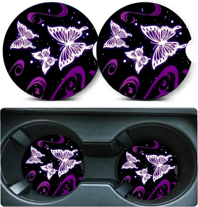 Car Coasters for Cup Holders,2 Pack Butterfly Car Cup Holder Coasters,2.75" Universal Size Anti Slip Rubber Mat,Automotive Cup Holder Decal Decor Accessories,Butterfly Gifts for Women,Mom