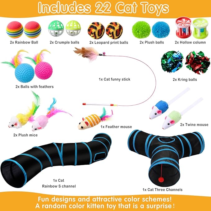 Poen 22pcs Cat Toys Kitten Toys Set with 2 Collapsible Cat Tunnel Toy and 20 Interactive Kitty Toys Cat Feather Toy, Fluffy Mouse, Crinkle Balls, for Cat Kitten Puppy (Blue, Black)