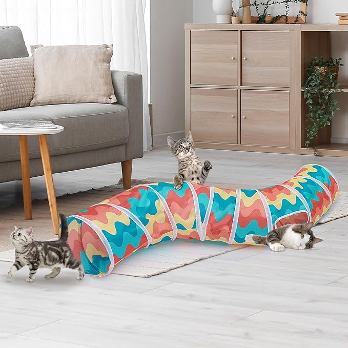 Glittme Cat Tunnel, Cat Tunnels for Indoor Cats, S-Shape Peekaboo Cat Cave with Cat Toys, Foldable Cat Tubes and Tunnels for Cats, Rabbit, Puppy, Guinea Pig