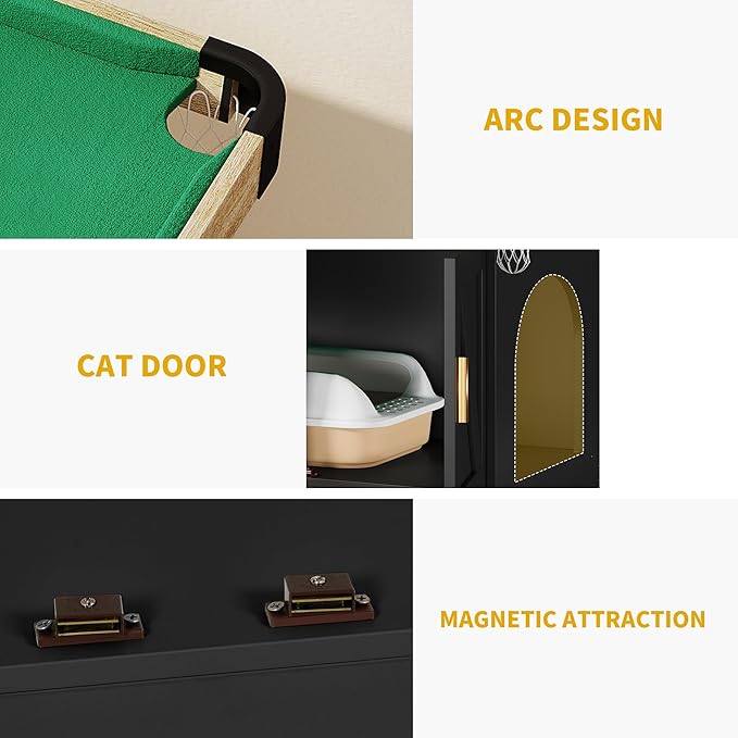 DWVO 4 in 1 Cat Toys Mini Pool Table for Cats, Litter Box Enclosure for Cat Pool Table Tower with Feather Wand Interactive Exercise Play Rest Beds & Litter Box Furniture, Black, Medium